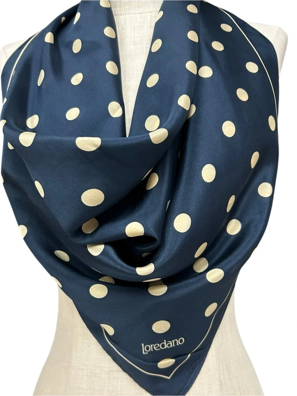 Loredano Navy Polka Dot Silk Scarf Square 35x34 Designer Italy